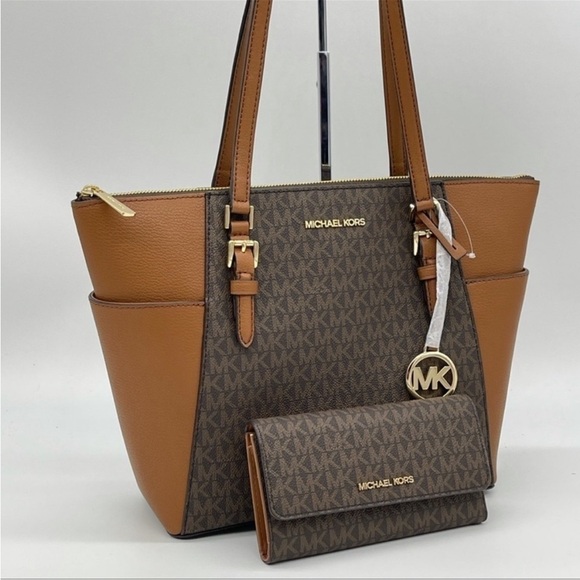 Michael Kors Large Charlotte Tote Bag & Trifold Wallet Leather Brown - Picture 5 of 12